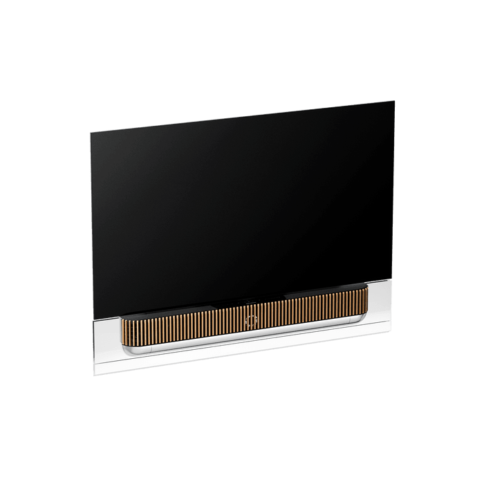 Beovision Theatre TV with black OLED screen and white base featuring wooden speaker grille