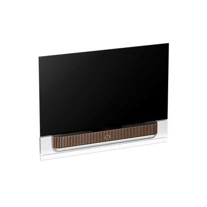 Beovision Theatre TV with black OLED screen and white base featuring wooden speaker grille