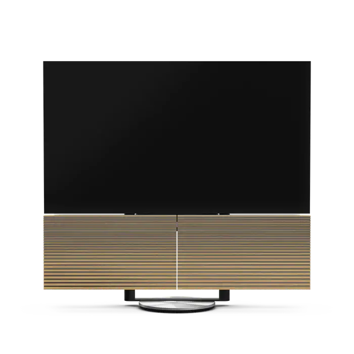 Bang & Olufsen Beovision Harmony fjernsyn med trælameller og sort skærm på hvid baggrund