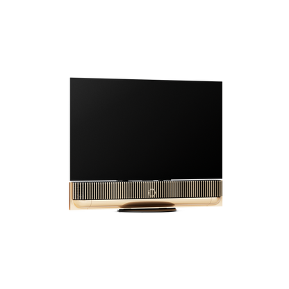 Beovision Theatre TV med sort skærm og gylden soundbar med vertikal grilledesign på hvid baggrund