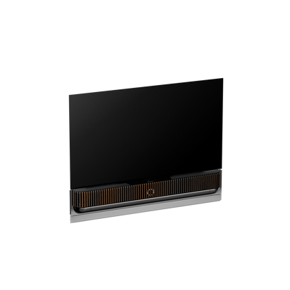 Beovision Theatre TV med sort skærm og ribbet soundbar i træ og metal