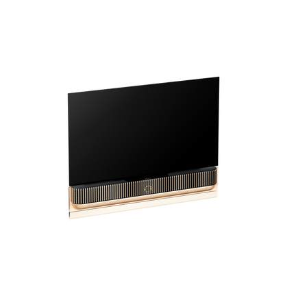 Beovision Theatre TV med sort skærm og guldfarvet soundbar base