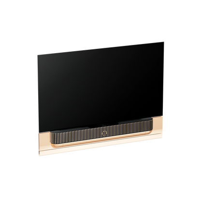 Beovision Theatre TV med sort skærm og gylden soundbar på hvid baggrund
