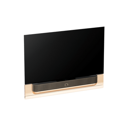 Beovision Theatre TV med sort skærm og guldfarvet soundbar på hvid baggrund