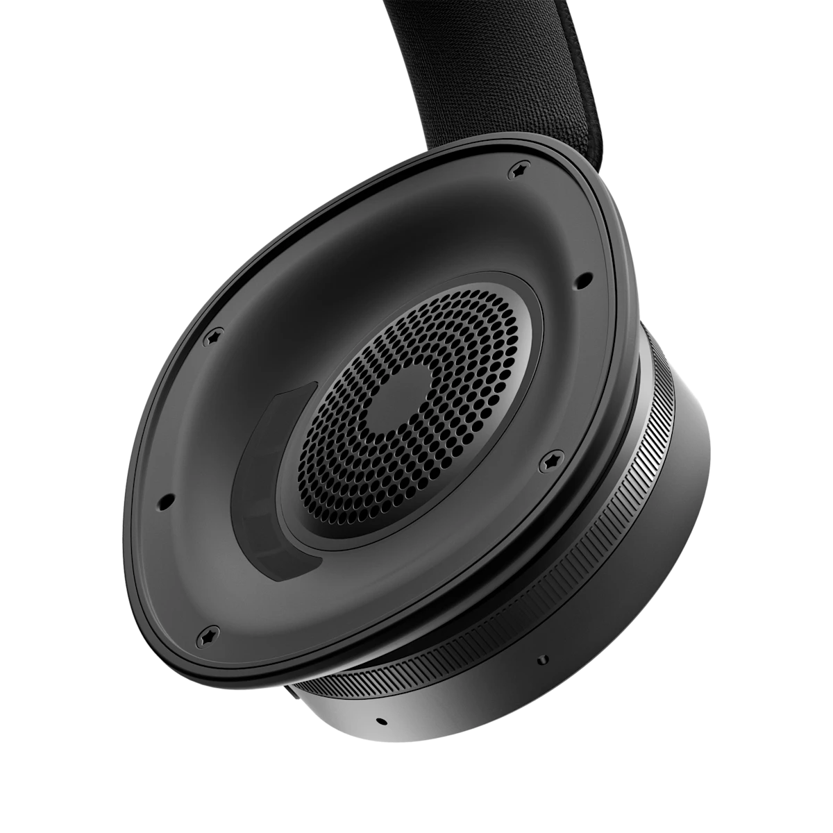 Nærbillede af Beoplay H95 hovedtelefoner i sort med synlig højtaler og tekstil hovedbånd
