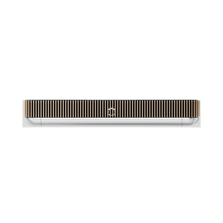 Beosound Theatre soundbar i guld og hvid på hvid baggrund