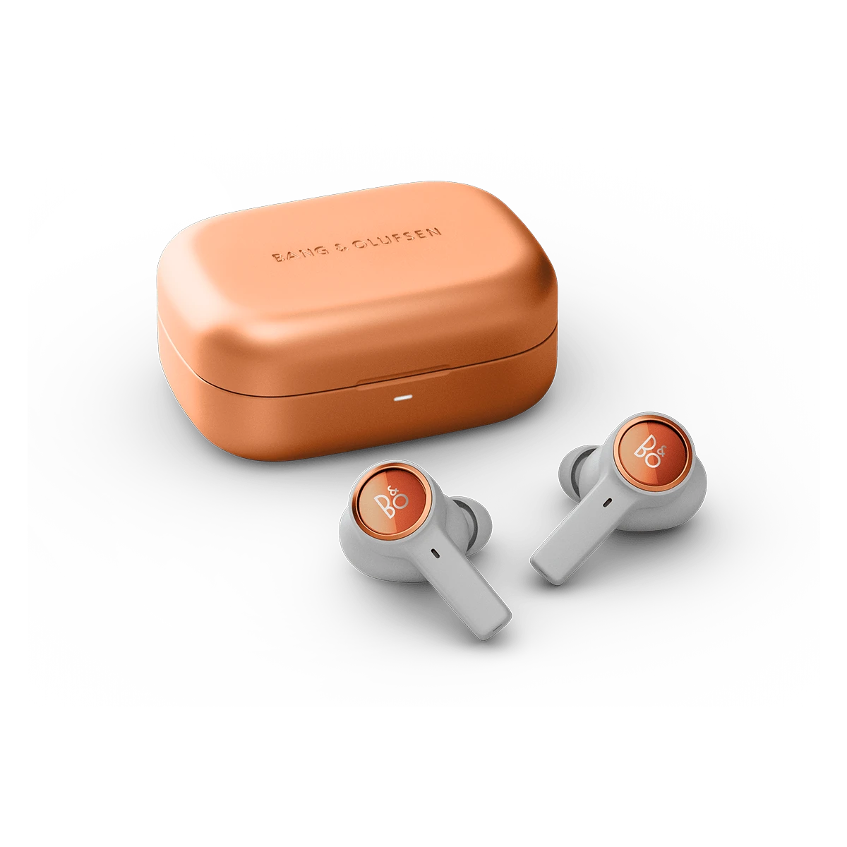 Beoplay Eleven trådløse earbuds i grå og orange med matchende opladningsetui