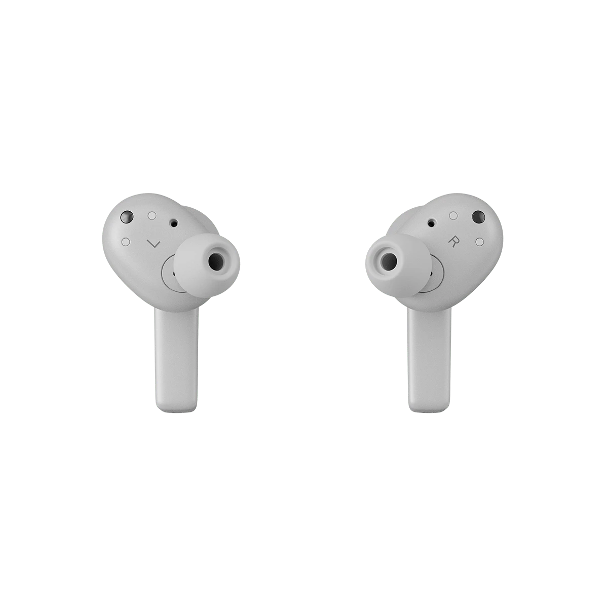 Bang & Olufsen Beoplay Eleven trådløse earbuds i grå, viser venstre og højre øretelefon med synlige mikrofoner og kontrolknapper