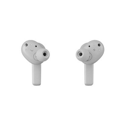 Bang & Olufsen Beoplay Eleven trådløse earbuds i grå, viser venstre og højre øretelefon med synlige mikrofoner og kontrolknapper