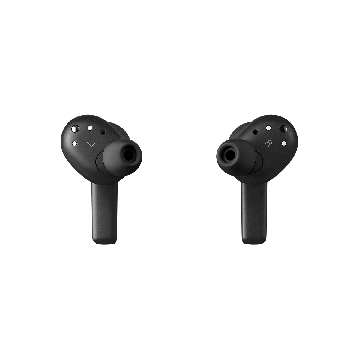 Beoplay Eleven trådløse øretelefoner i sort, viser venstre og højre øretelefon med synlige mikrofoner og "L" og "R" markering