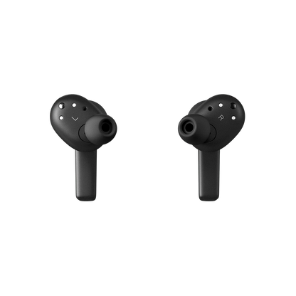 Beoplay Eleven trådløse øretelefoner i sort, viser venstre og højre øretelefon med synlige mikrofoner og "L" og "R" markering