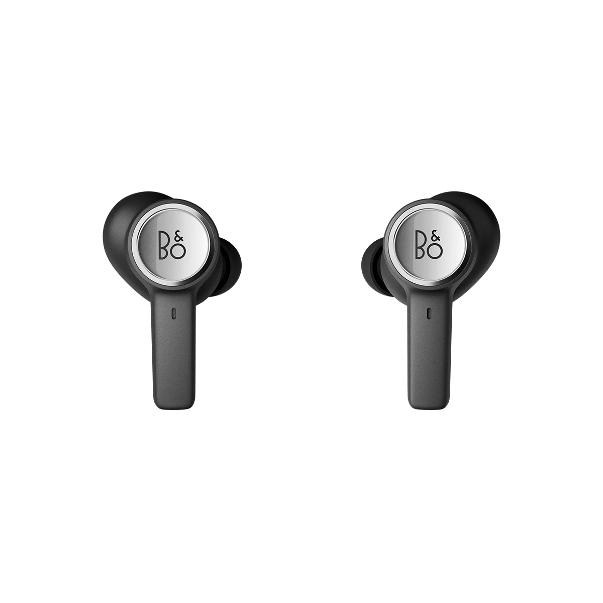 To sorte Bang & Olufsen Beoplay Eleven trådløse earbuds med B&O logo på sølvfarvet overflade