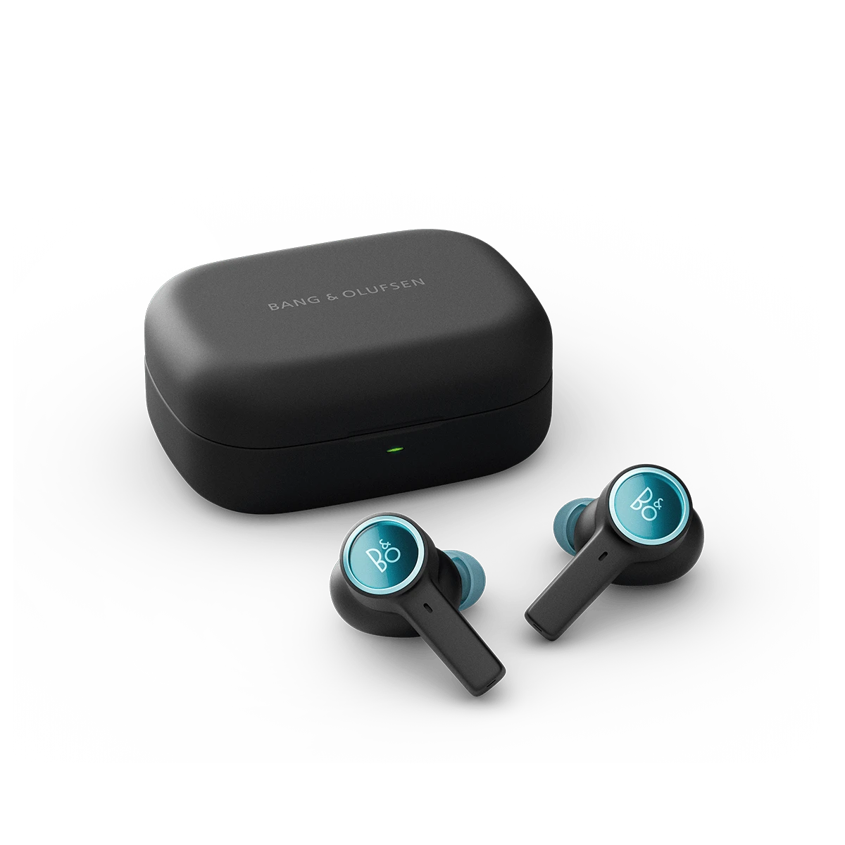 Bang & Olufsen Beoplay EX trådløse earbuds med opladningsetui i sort med turkisblå detaljer
