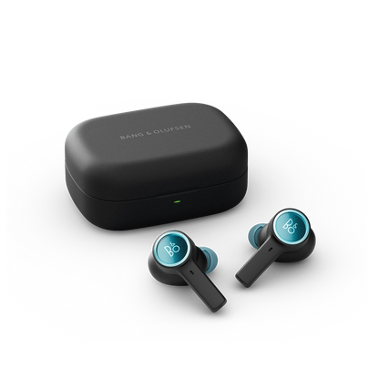 Bang & Olufsen Beoplay EX trådløse earbuds med opladningsetui i sort med turkisblå detaljer