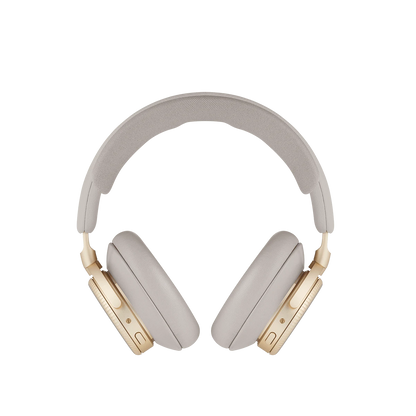 Bang & Olufsen Beoplay H100 trådløse over-ear hovedtelefoner i lys beige med gulddetaljer på hvid baggrund