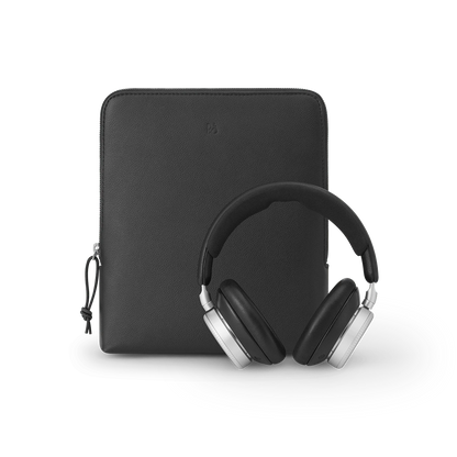 Beoplay H100 over-ear hovedtelefoner i sort og sølv med medfølgende sort lædertaske