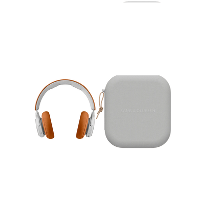 Bang & Olufsen Beoplay HX trådløse hovedtelefoner i grå og orange med medfølgende transportetui