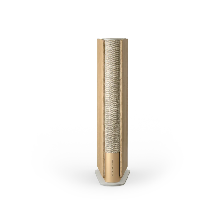 Beosound Emerge kompakt WiFi-højttaler i guld finish på hvid baggrund
