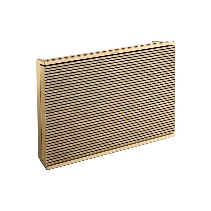 Bang & Olufsen Beosound Level portable WiFi speaker in gold finish with horizontal slat grille design