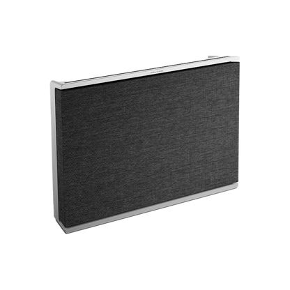 Bang & Olufsen Beosound Level portable WiFi speaker in dark gray fabric with silver metal frame