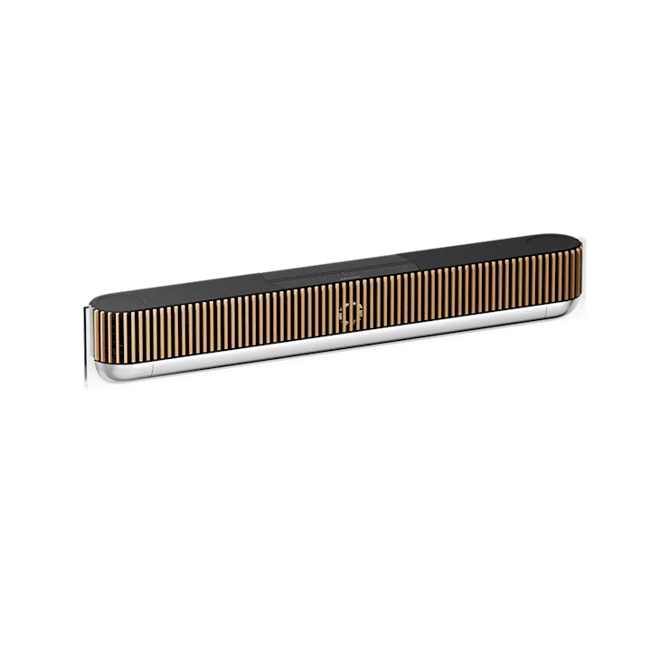 Bang & Olufsen Beosound Theatre soundbar med guld-lameller på sort og sølv kabinet