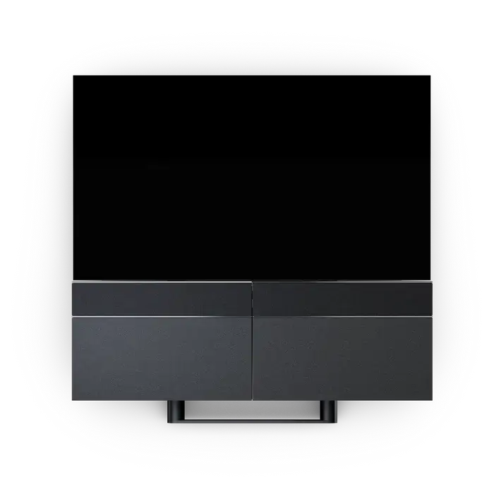Bang & Olufsen Beovision Harmony fjernsyn med sort skærm og grå højttalere på hvid baggrund
