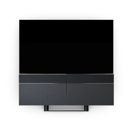Bang & Olufsen Beovision Harmony fjernsyn med sort skærm og grå højttalere på hvid baggrund