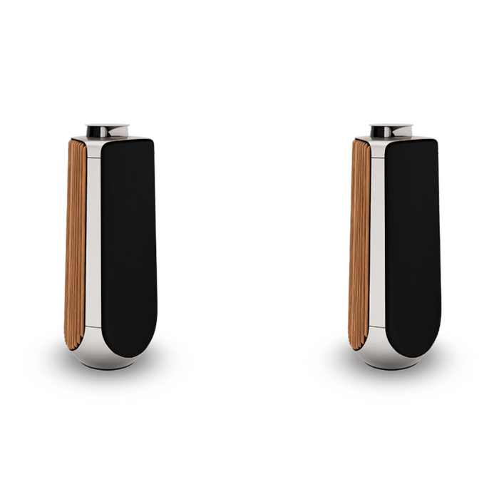 To BeoLab 50 højttalere i bronze og sort design på hvid baggrund