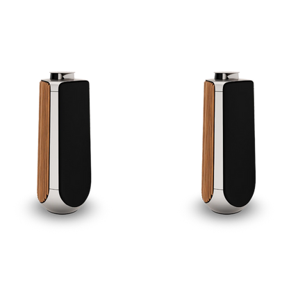 To BeoLab 50 højttalere i bronze og sort design på hvid baggrund